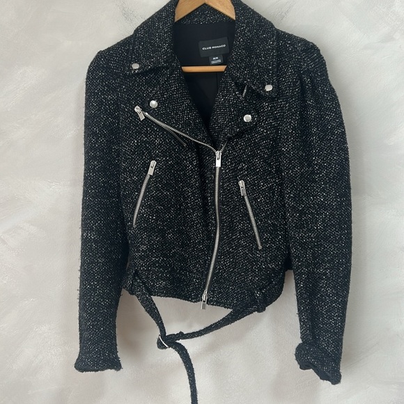 Club Monaco Zina Black Tweed  Belted Moto Jacket wool medium - Picture 6 of 10